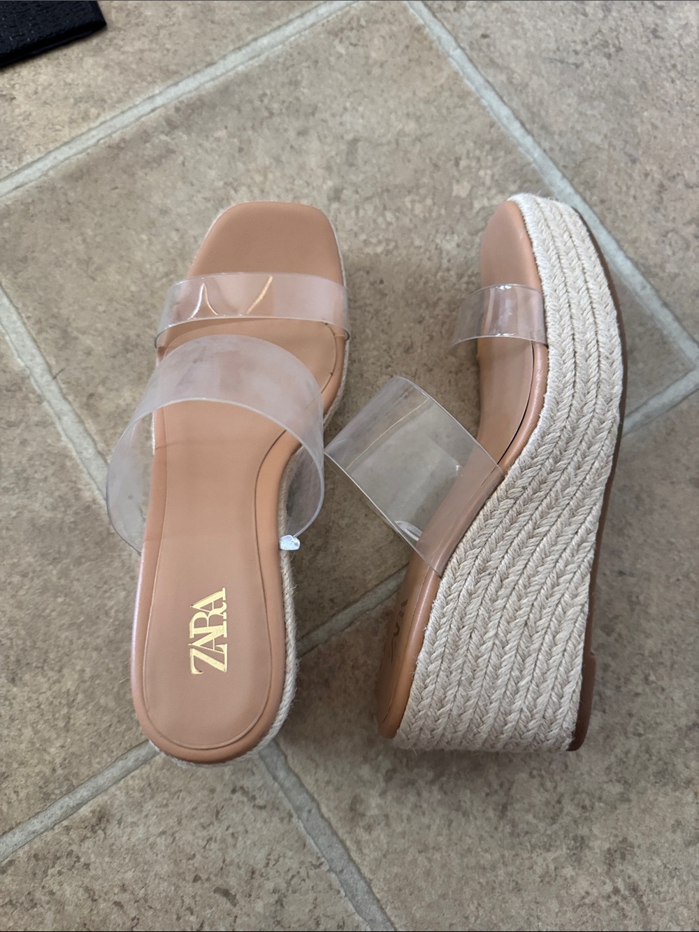 Zara Clear Strap Espadrille Platform Wedges Sandals in Tan/Clear